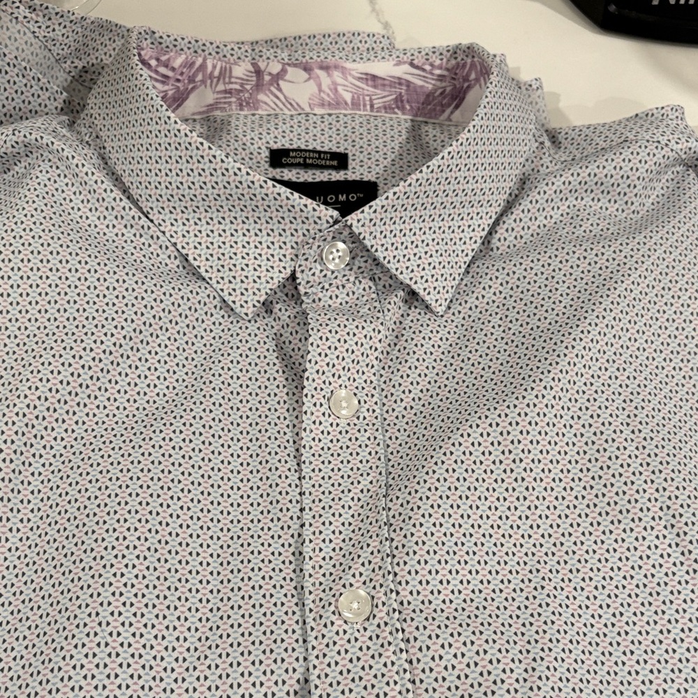 Pronto Uomo White Button-Down Shirt with Purple and Gray Micro Pattern